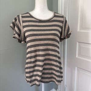 Blu Pepper Striped Ruffle Short Sleeve Tunic Shirt Sweater Small Boho Tan